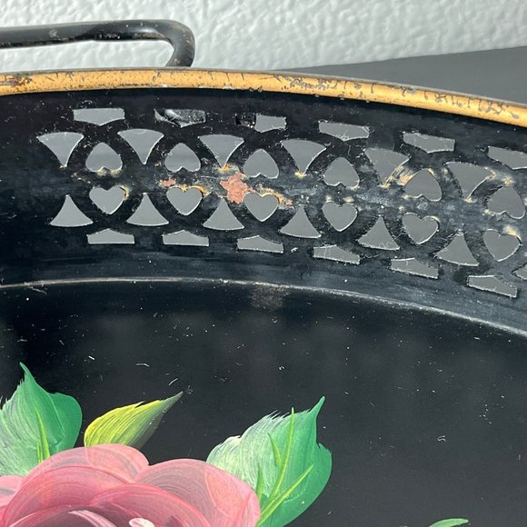 Vintage Pilgrim Art Tole Ware Metal Tray With Handles // Handpainted Roses 15.5" - Picture 10 of 10